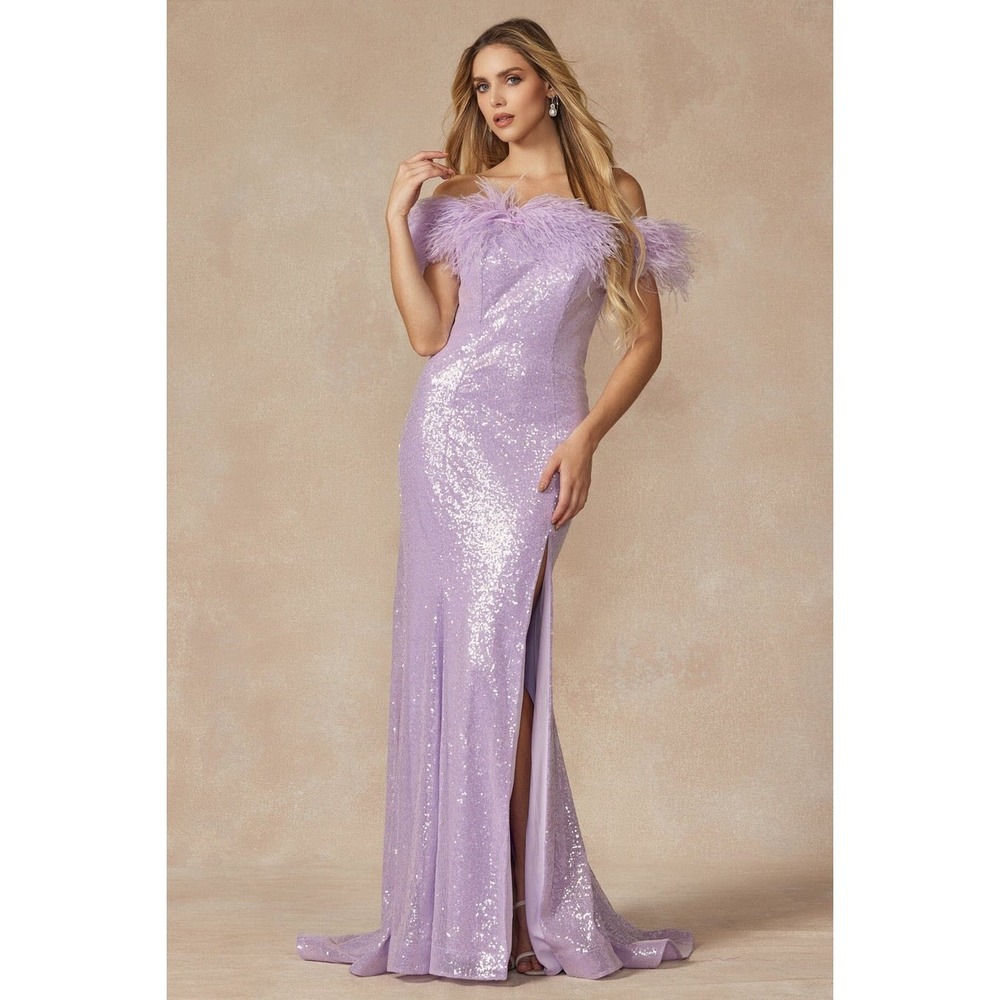 $500 Juliet Sequin Gown M Lavender Feather Trim Off-Shoulder Dress Prom Ball